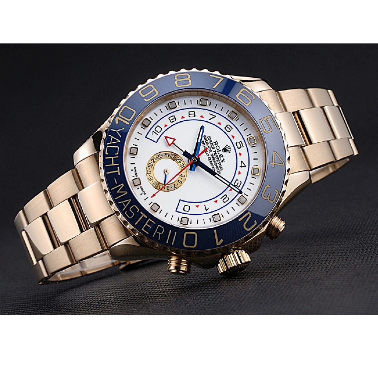 Aaa replica Yachtmaster Dial II Rolex Blue Bezel White 622271 Bracelet Gold 0603
